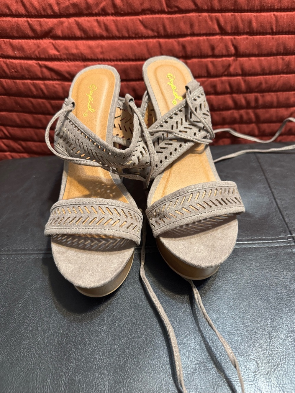 Qupid Taupe Laser-Cut Lace-Up Wedge Sandals with Suede Upper